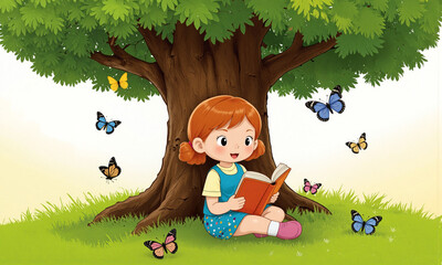 Young girl reading a book under a big tree with colorful butterflies in a bright cheerful scene, Child book illustration. Generative AI