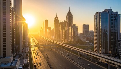 Sunrise cityscape with highway