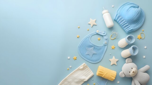 Flat lay composition of baby accessories with blue bib, shoes, bottle, pacifier, toy bear and care items on pastel background, symbolizing newborn essentials, childcare and parenting concept