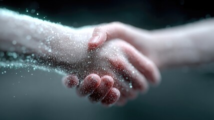 Glowing Digital Handshake Hologram on Dark Background for Futuristic Technology Concept