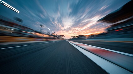 Racing Track at Sunset: Blurred Motion View of Speed and Competition, High-Performance Automotive Event