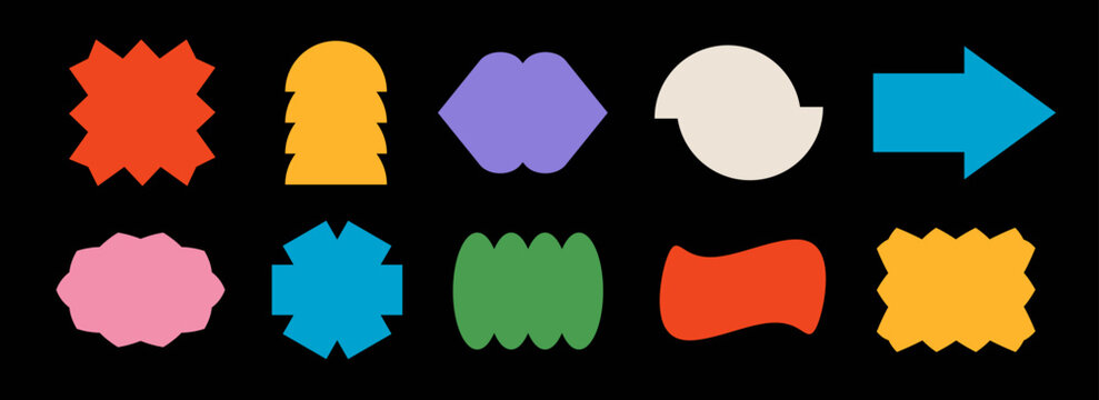 Bright abstract sticker shape set. Colorful retro pop art border element collection. Groovy geometric frame pack for badge, tag, label, banner, poster, sign, flyer, logo. Vector funky patch bundle