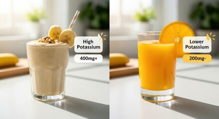 Potassium comparison: Banana smoothie with walnuts versus orange juice, nutritional choices