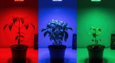 Three potted plants under red, blue, and green LED grow lights, indoor gardening