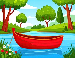 Red boat on a placid river, lush landscape