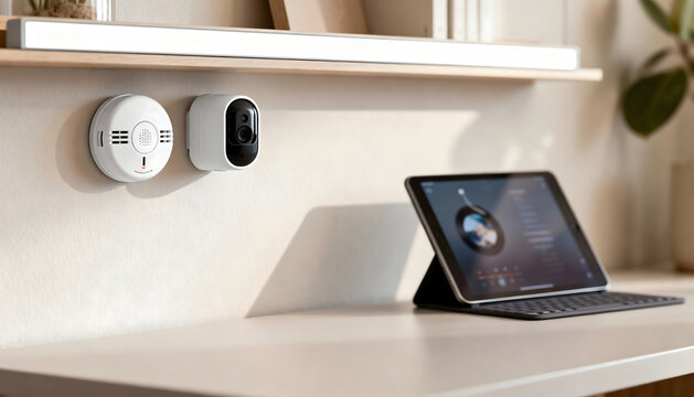 Smart home setup with wall-mounted smoke detector, indoor security camera, and digital tablet – illustrating safety, technology integration, and connected living for home protection and monitoring. - Powered by Adobe