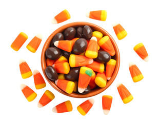 Halloween candy corn and chocolate candies in a bowl