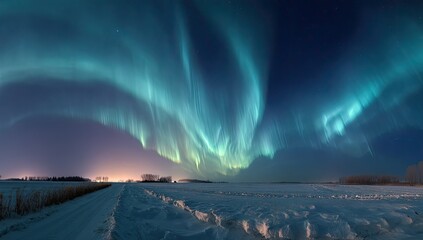 Panoramic view of the aurora borealis over a snowy landscape at night