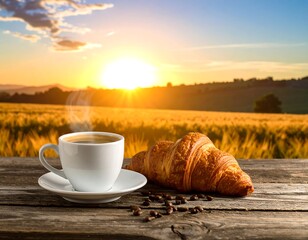 Sunrise coffee and croissant on a rustic wooden table