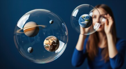 Woman Gazing at Planets Encased in Bubbles, Representing Cosmic Wonder and Exploration