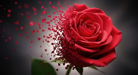 Pixelated Red Rose: Digital Decay and Floral Beauty on a Gradient Background