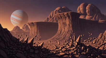 Barren Exoplanet Landscape with Eroded Rock Formations and Distant Gas Giant