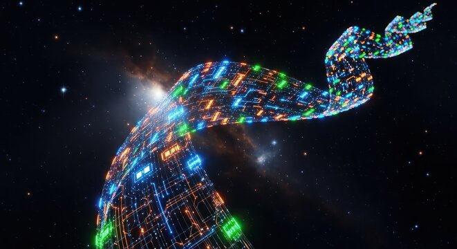 Swirling circuit board ribbon against a starry nebula background, glowing with vibrant colors