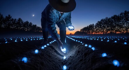 Farmer Planting Glowing Bulbs Under Night Sky