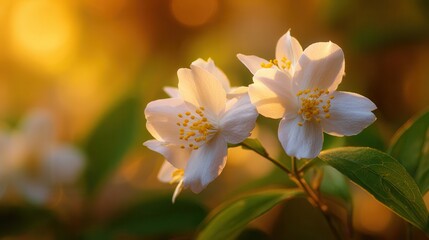 Obraz premium Delicate white and pink blossoms bathed in warm golden hour sunlight soft focus bokeh