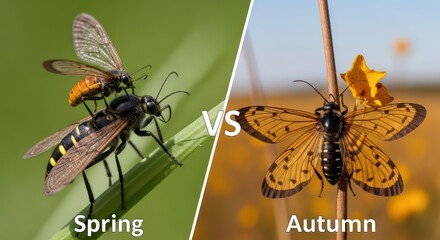 Spring vs Autumn: A wasp with a fly versus a butterfly on a flower