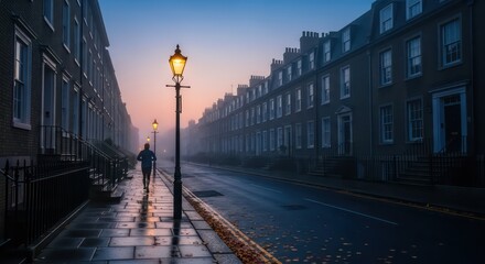 A lone runner on a wet street at dusk, illuminated by streetlights.