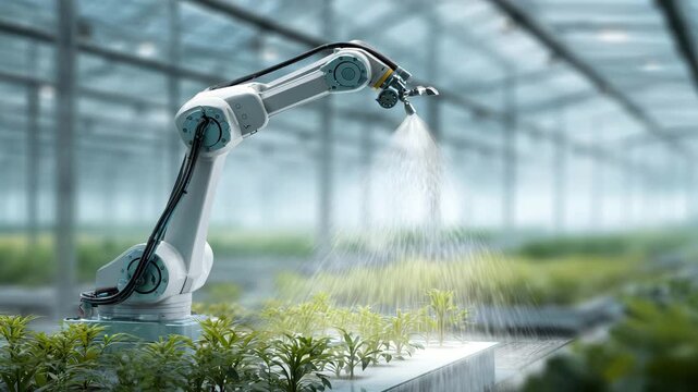 Advanced irrigation robot smart greenhouse spraying water plants with precision efficiency for sustainable agriculture technology and healthy growth