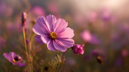 Close-up of a delicate pink cosmos flower blooming in a sunlit meadow during golden hour