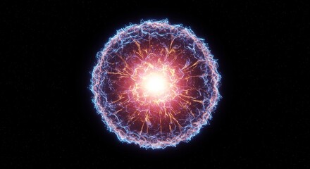 Abstract glowing electron cloud orbiting atomic nucleus, isolated on dark background, futuristic particle visualization, atomic structure illustration, quantum physics concept, and scientific energy