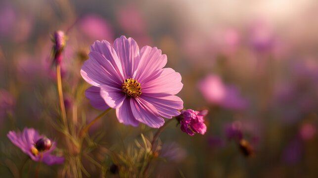 Close-up of a delicate pink cosmos flower blooming in a sunlit meadow during golden hour