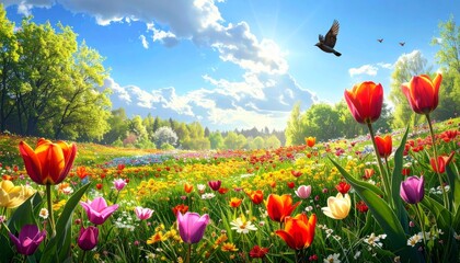 A beautiful field of vibrant red and pink tulips under a blue sky in the spring