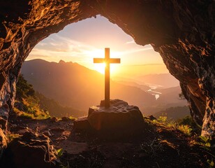 Sunrise cross in a mountain cave