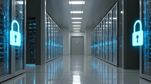 Secure Data Fortress: A state-of-the-art data center is illuminated with a digital lock, offering an evocative look at secure servers with data protection.