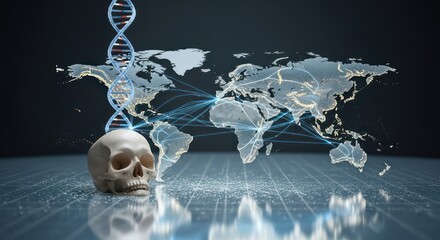 Global Pandemic Concept: Skull, DNA Strand, and World Map with Connection Lines