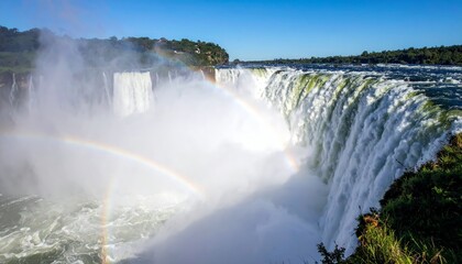 Fototapeta premium A stunning rainbow stretches over a powerful waterfall in summer, reflecting its beauty