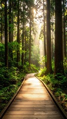 Fototapeta premium Sunbeams pierce a tranquil forest path