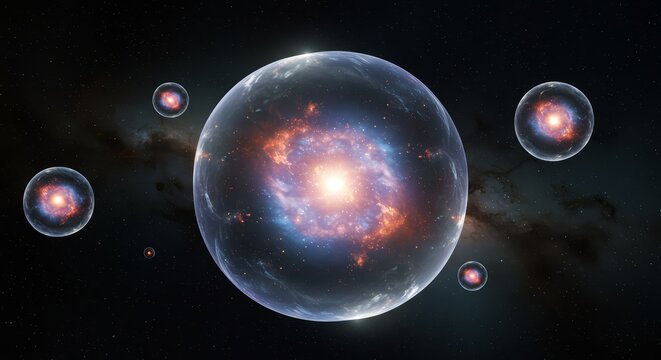 Multiple bubble-like universes floating in cosmic space, glowing spheres representing multiverse concept, theoretical physics visualization, astrophysics illustration, and cosmology science artwork