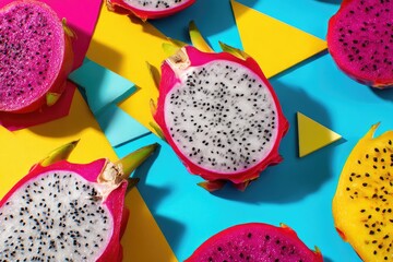 Colorful dragon fruit slices on a vibrant geometric background