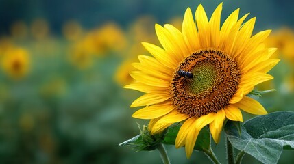 Obraz premium Bright yellow sunflower in full bloom bathed in sunlight with blurred field background