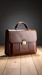 Brown leather briefcase on light wood (1)