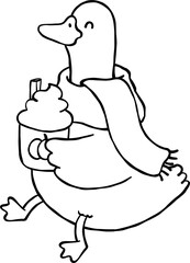 Autumn Silly Goose with Pumpkin Spice Latte Cartoon Outline Hand Drawn Black and white