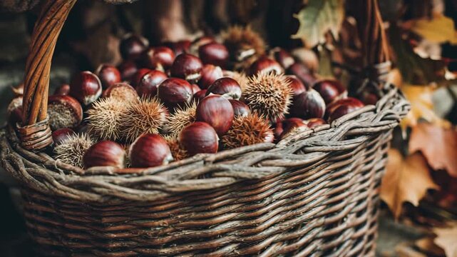 Chestnut basket autumn harvest with spiky shell and warm fall leaf in natural wicker, evoking cozy seasonal feeling and fresh nuts abundance