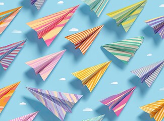 Colorful paper airplanes patterned against a pastel blue sky
