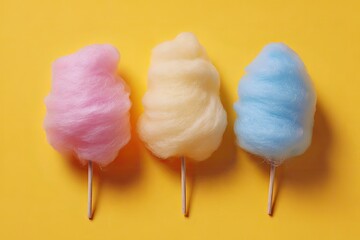 Three fluffy cotton candies on sticks against a vibrant yellow background