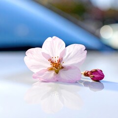 Fototapeta premium Delicate pink cherry blossom on a car (1)