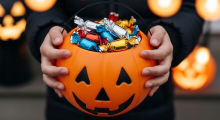 A person holds a pumpkin bucket full of candy with jackolanterns in background