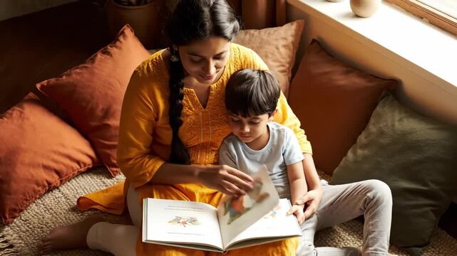 Loving indian mother teaches young son to read a storybook fostering education and family bonding at home