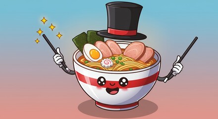 Cute cartoon ramen bowl with magic wands