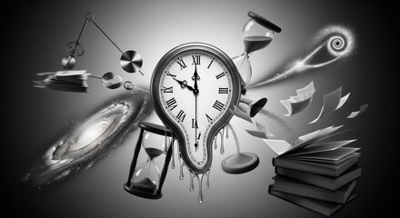 Surreal Time: Melting Clock, Hourglasses, and Flying Books in a Cosmic Dreamscape