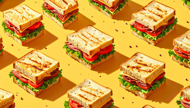 Deliciously Crafted Grilled Sandwiches with Fresh Fillings, Forming an Engaging and Vibrant Pattern on a Sunny Yellow Backdrop, Ideal for Culinary Themes
