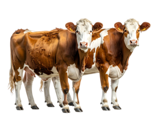 Two brown and white cows facing forward