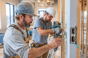 Two electricians installing electrical outlets in a new construction home