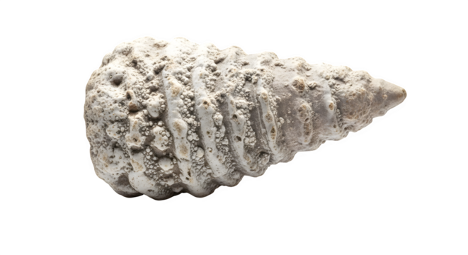 Fossilized turritella seashell isolated on transparent background, showcasing the intricate spiral structure and ancient history preserved in stone formation