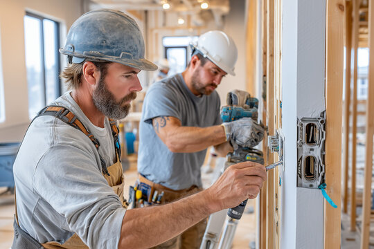 Two electricians installing electrical outlets in a new construction home