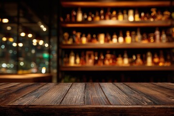 Dark wood table, blurred bar background